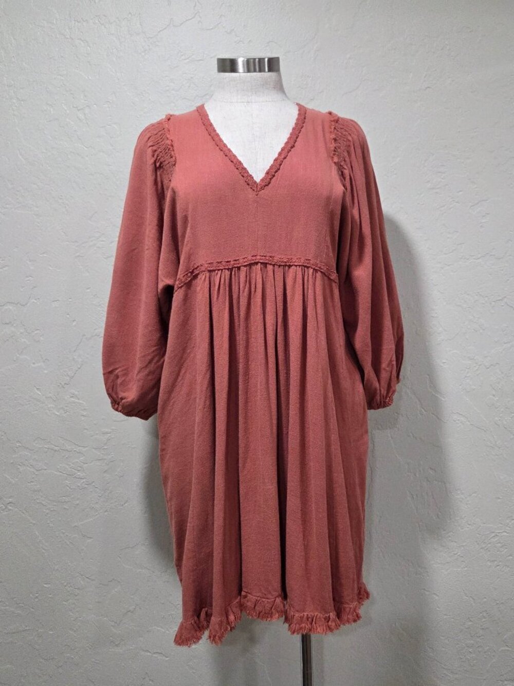 V-Neck Babydoll Dress with Frayed Trim